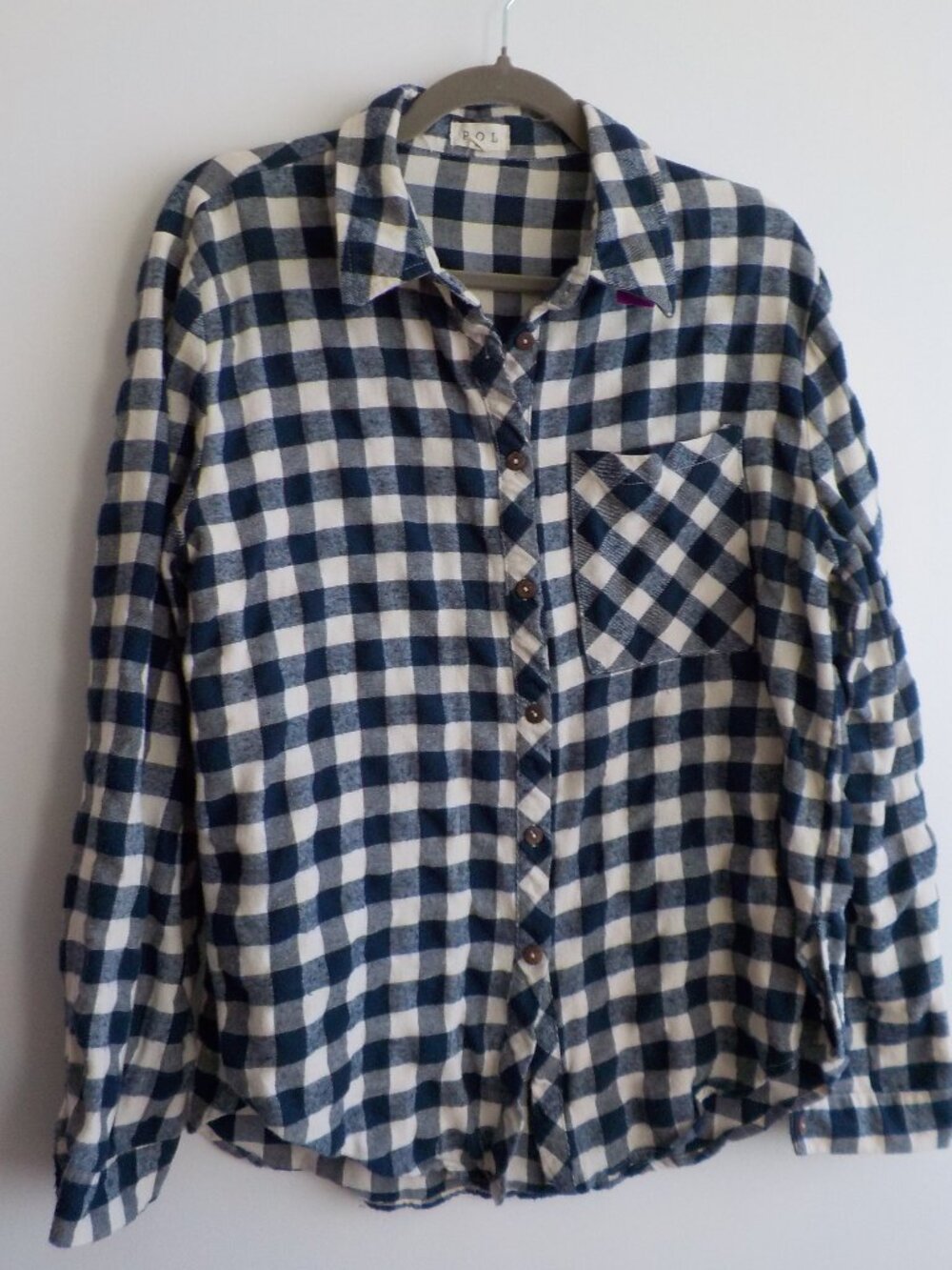 POL shirt - Medium -COTTON Flannel Button Up Long Sleeve Blue/White Plaid (2478)